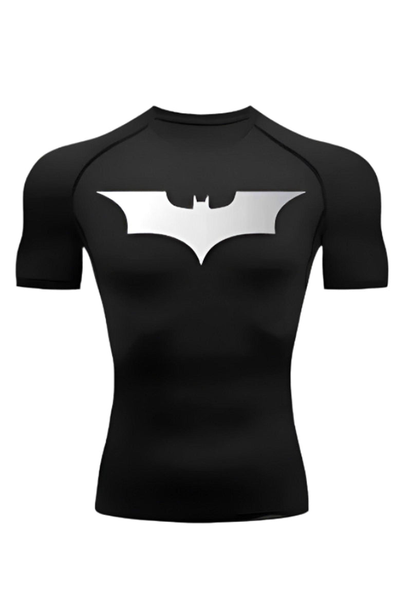 Men's Black Athletic Compression Shirt featuring the Batman Logo, Ideal for Workouts and Sports Activities.