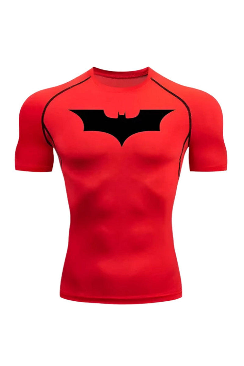 Men's Red Athletic Compression Shirt featuring the Batman Logo, Ideal for Workouts and Sports Activities.