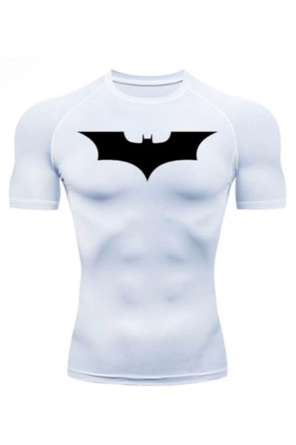 Men's Athletic White Compression Shirt featuring the Batman Logo, Ideal for Workouts and Sports Activities.