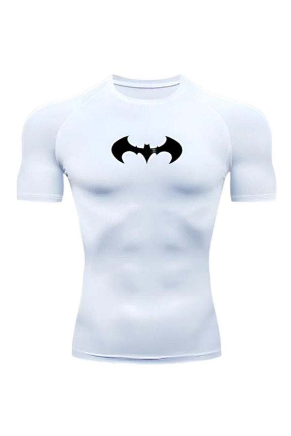 Men's White Compression Shirt with Batman Logo, Athletic Wear for Workouts and Sports.