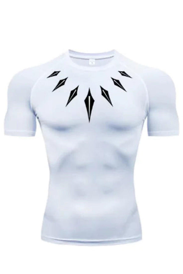 Men's White long sleeve compression shirt featuring the Black Panther logo, designed for optimal performance during workouts.