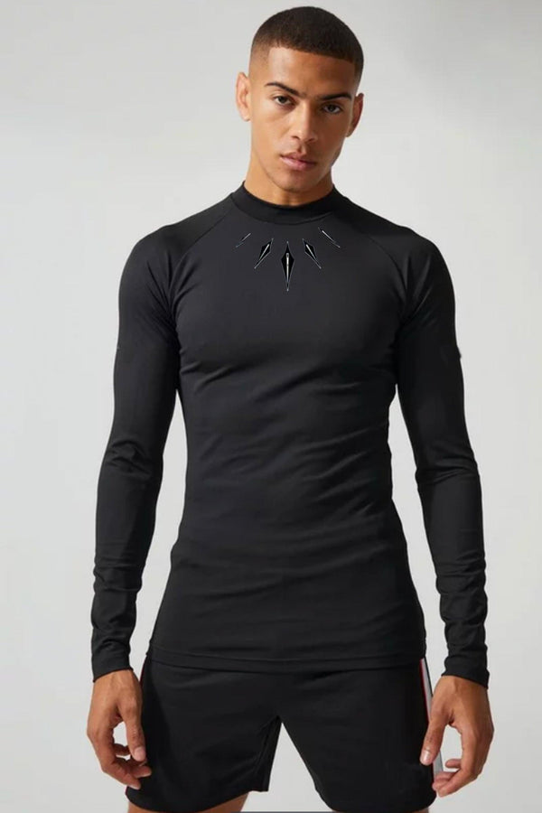 Men's long sleeve compression shirt featuring the Black Panther logo, designed for optimal performance during workouts.