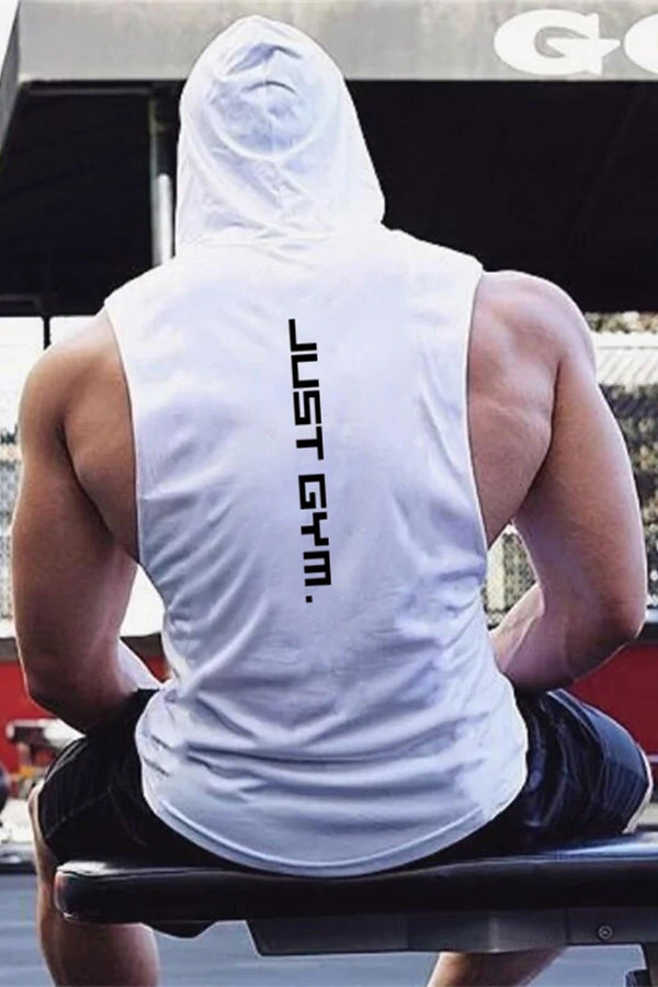 White hoodie with 'Just Gym' text on the front, featuring a drawstring hood for adjustable coverage.