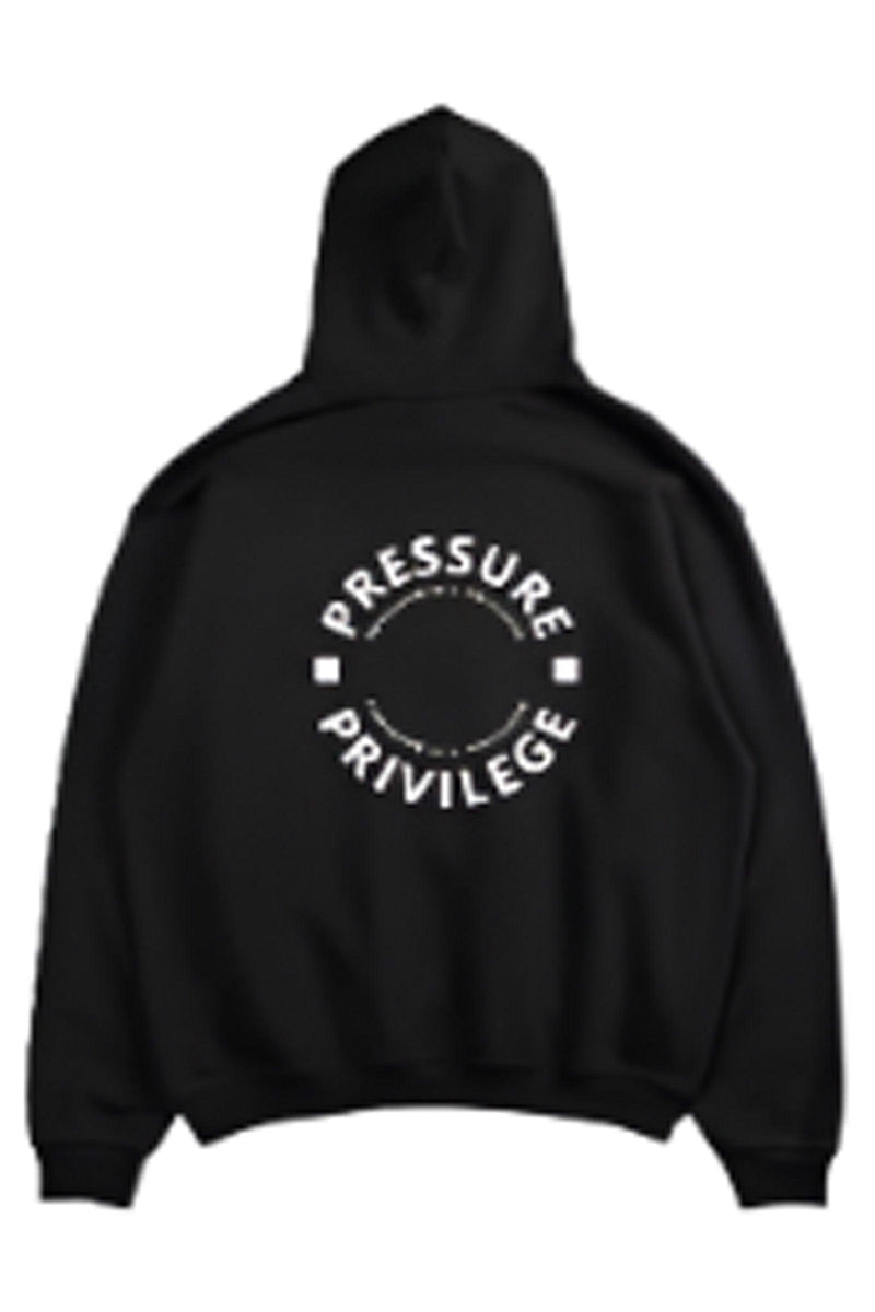 Oversized hoodie with 'Pressure is a Privilege' text, designed for comfort and style with a relaxed fit and adjustable drawstring hood.