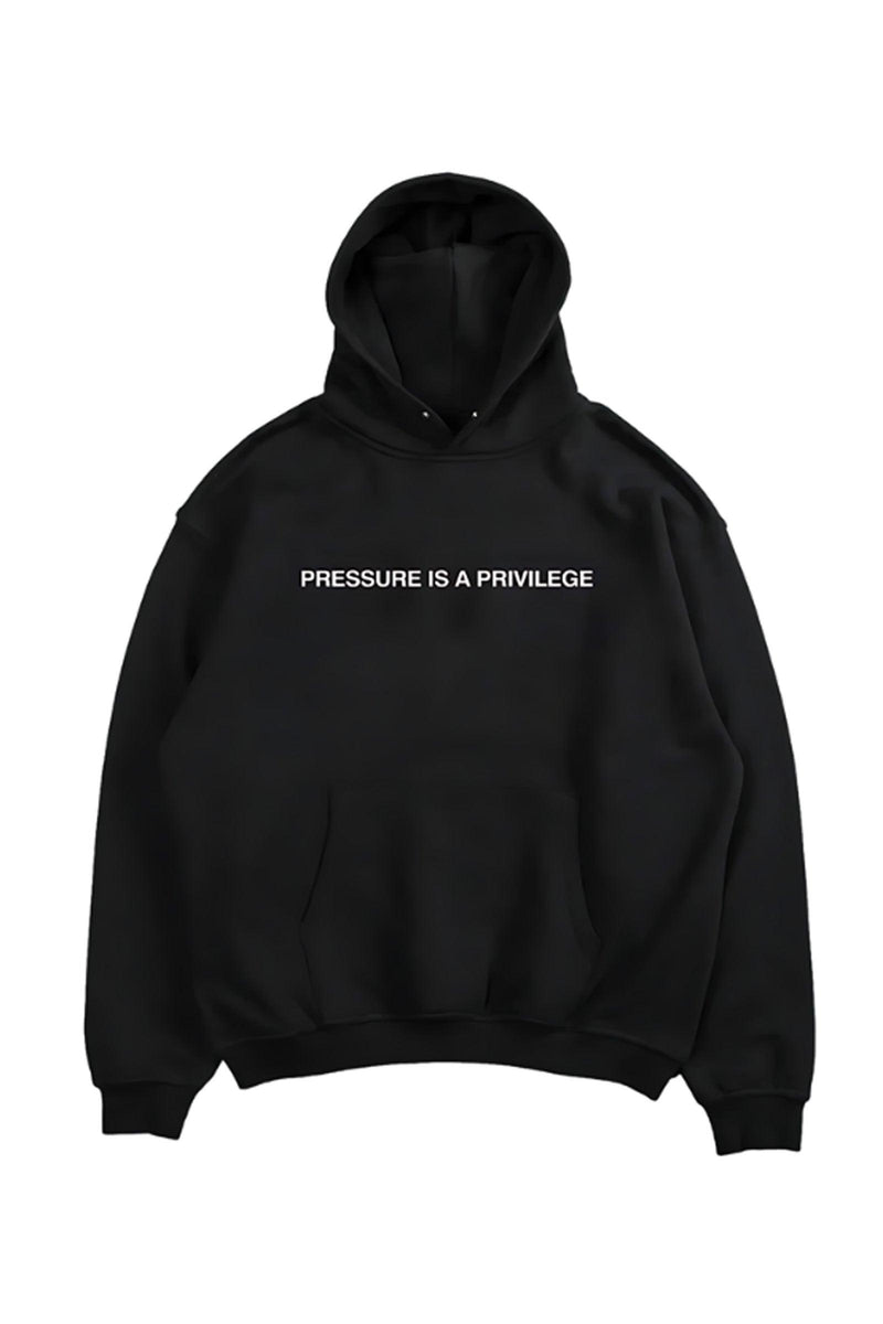 Oversized hoodie with 'Pressure is a Privilege' text, designed for comfort and style with a relaxed fit and adjustable drawstring hood.