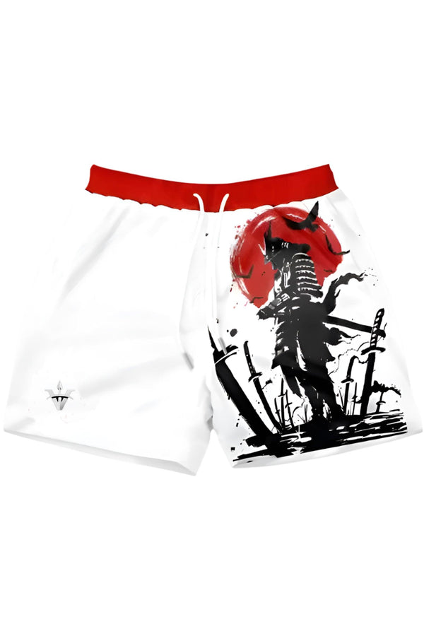 Samurai-themed performance shorts, designed for durability and comfort with moisture-wicking fabric and an athletic fit.