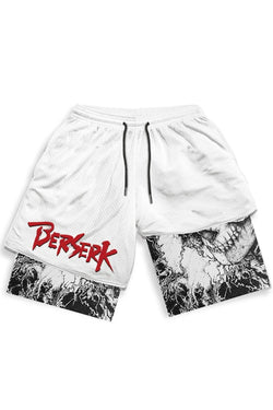 White gym shorts featuring the Berserk logo, designed for comfort and performance during workouts