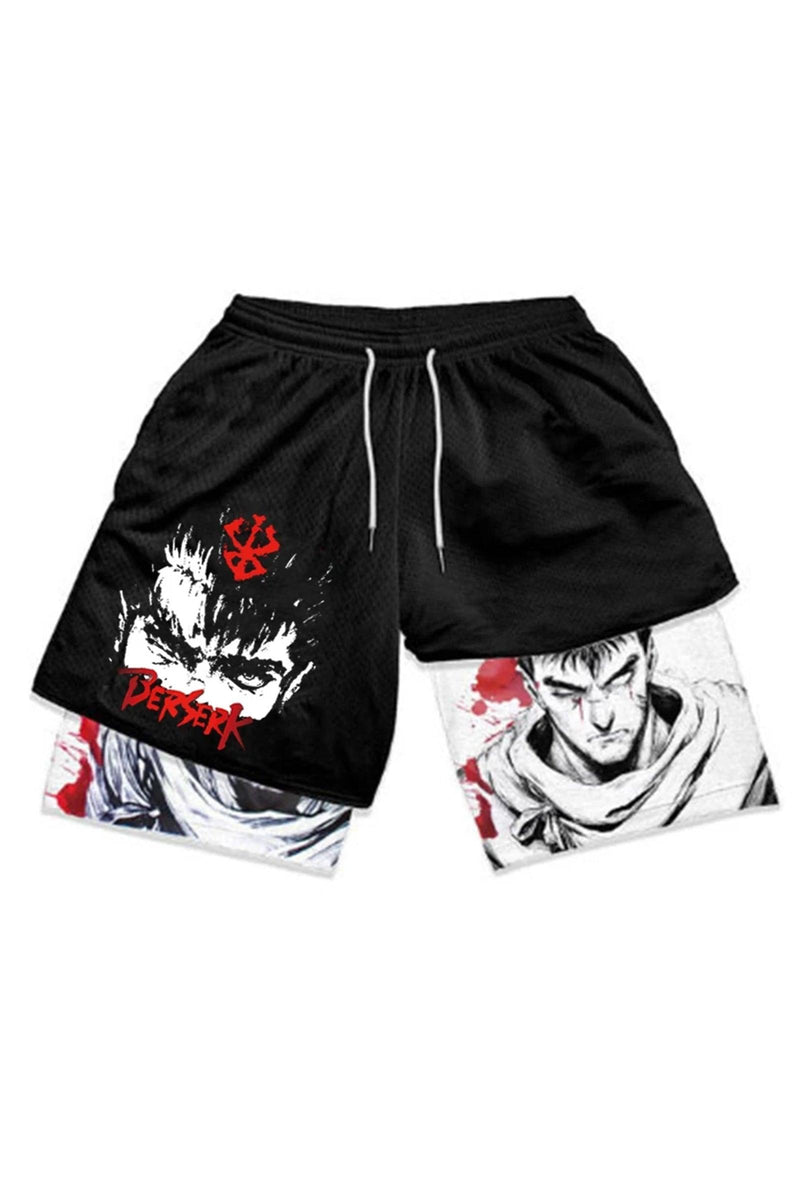 Black, red, and white gym shorts featuring the Berserk logo, designed for comfort and performance during workouts.