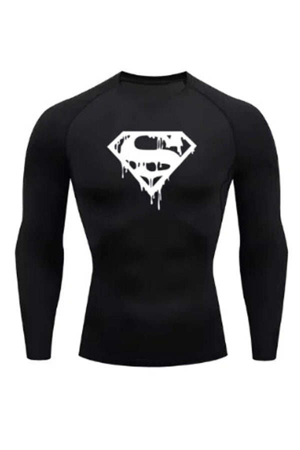 Superman long sleeve compression shirt, designed for maximum performance and comfort during workouts with a bold Superman logo design.