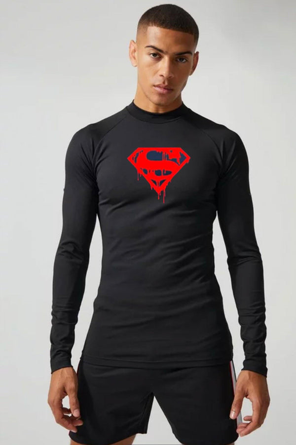 Superman long sleeve compression shirt, designed for maximum performance and comfort during workouts with a bold Superman logo design.